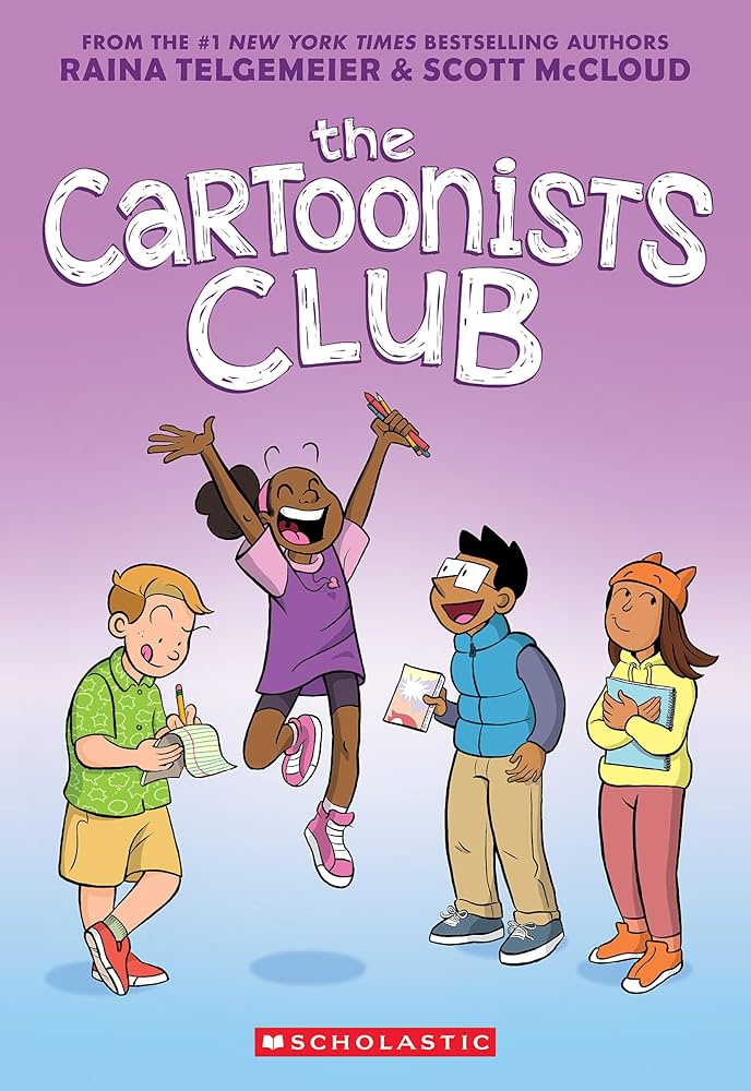 Image for "The Cartoonists Club: a Graphic Novel" - group of kids working on a cartoon