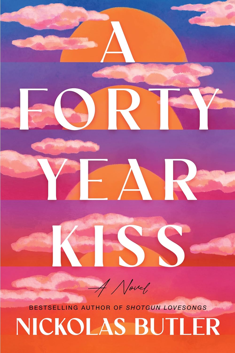 Image for "A Forty-Year Kiss" - a colorful sunset behind the book title