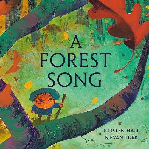 Image for "A Forest Song" - an aerial view from a tree of a child holding a walk stick looking at leaves