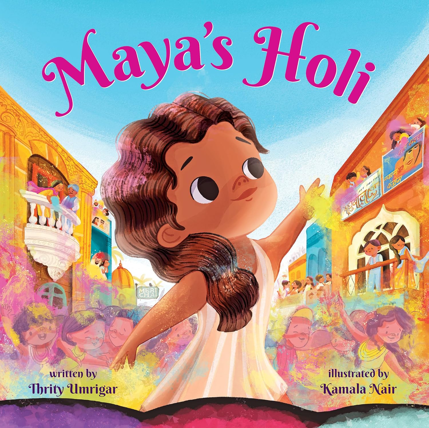 Maya's Holi - a girl in front of a colorful crowd celebrating