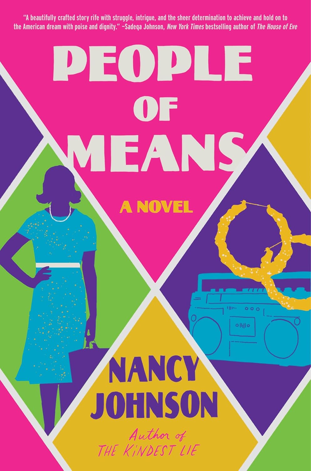 image for "People of Means" - a pink, yellow, green cover with illustrations of a woman, a stereo, and earrings