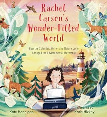 Image for "Rachel Carson's Wonder-Filled World" - woman typing on a typewriter in front of nature