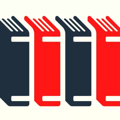 Four red and black books graphic