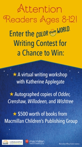 Katherine Applegate Color Our World Writing Contest poster with details
