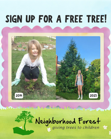 Sign up for a tree for free! Neighborhood Forest giving trees to children.