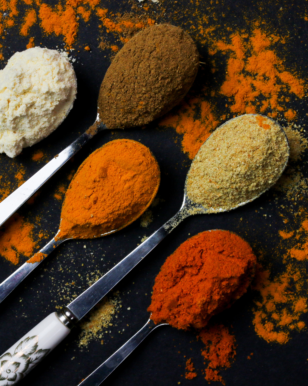 a variety of spices scooped in spoons