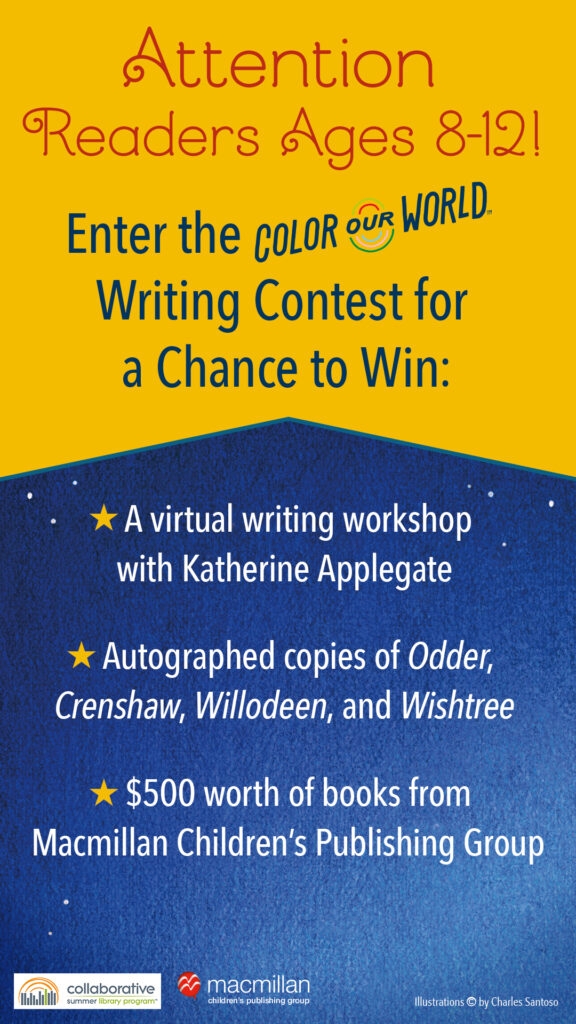Katherine Applegate Color Our World Writing Contest poster with details